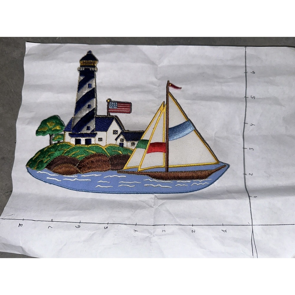 Giant Lighthouse Sail Boat Iron On Patch 8"x6" Nautical Scene Vintage Detailed - Picture 2 of 5